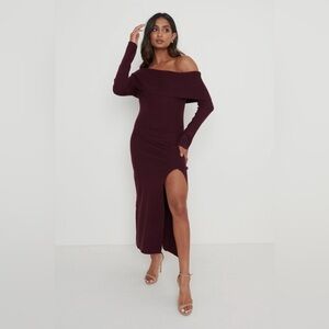 Pretty Lavish Payton Wine Bardot Off Shoulder Knit Midi Dress L